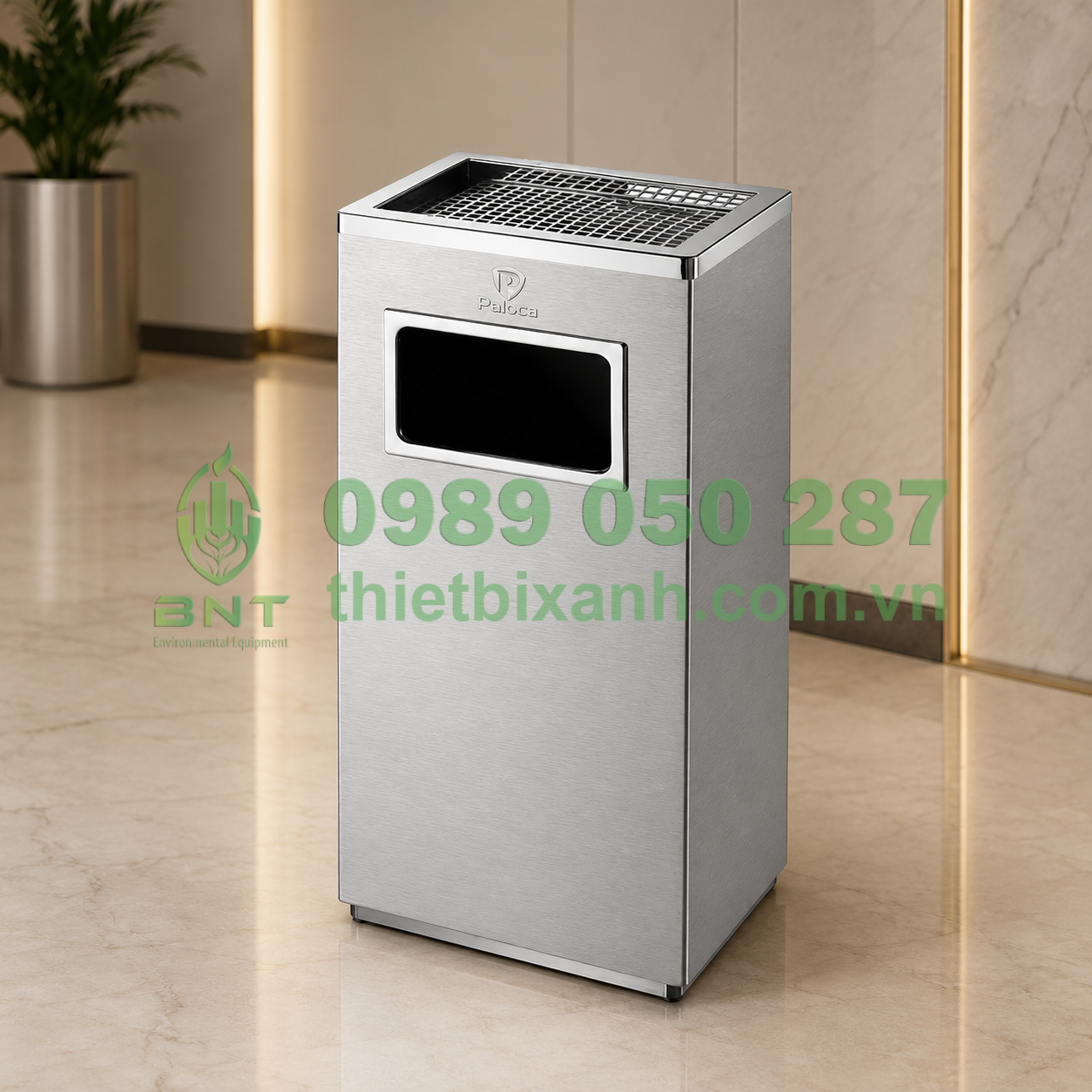 Thùng rác inox chữ nhật có gạt tàn Paloca