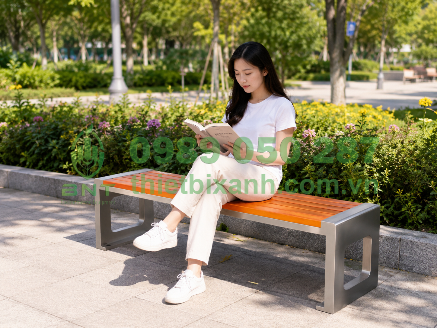 Ghế công viên không tựa gỗ nhựa