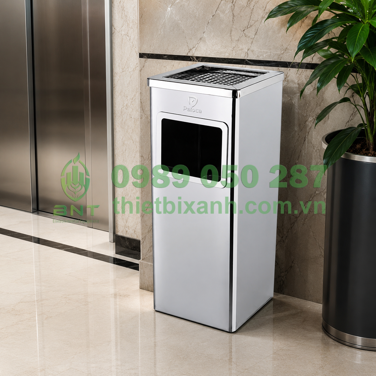 Thùng rác inox vuông có gạt tàn Paloca