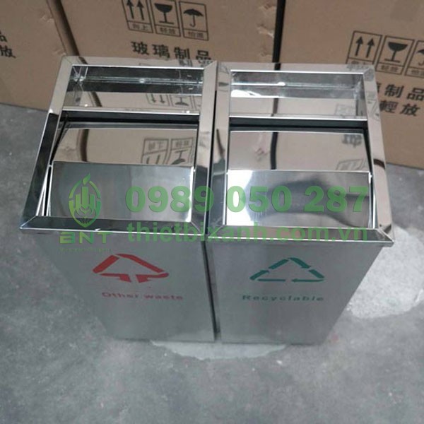 Thùng rác 2 ngăn inox nắp lật có gạt tàn được làm từ inox cao cấp, bền bỉ, chống gỉ sét