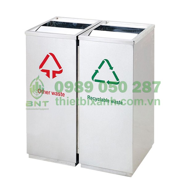 Thùng rác 2 ngăn inox nắp lật có gạt tàn