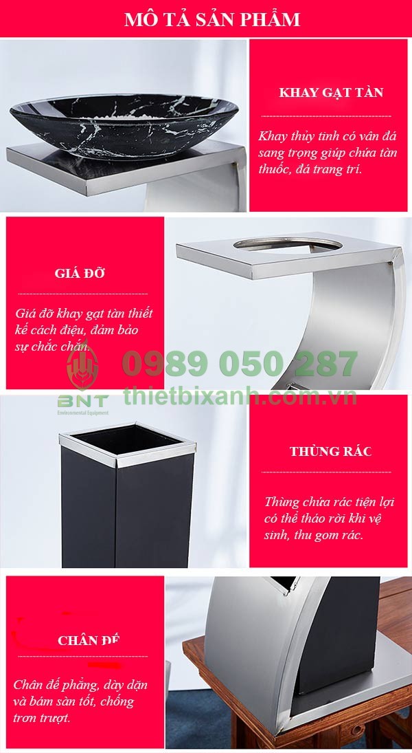 Hình ảnh mô tả chi tiết thùng rác inox chữ Z khay thủy tinh