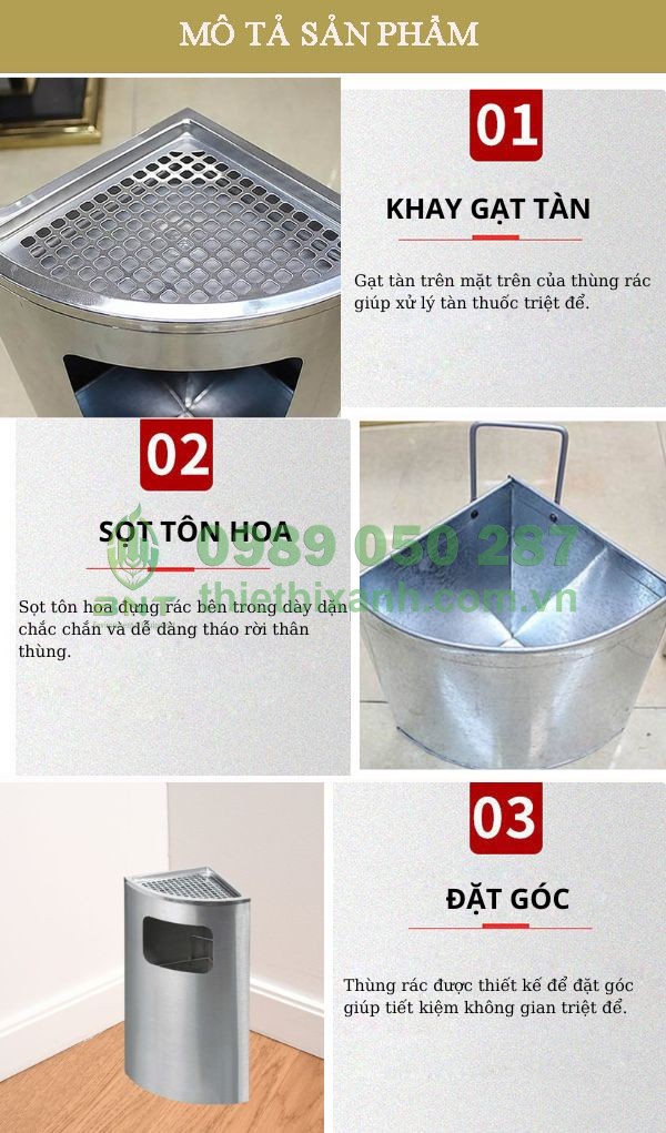 Thùng rác inox đặt góc có gạt tàn