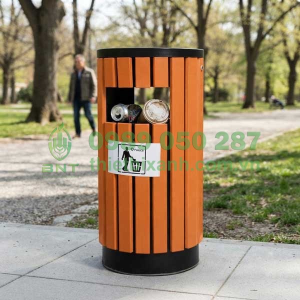 Thùng rác giả gỗ ngoài trời có gạt tàn Paloca
