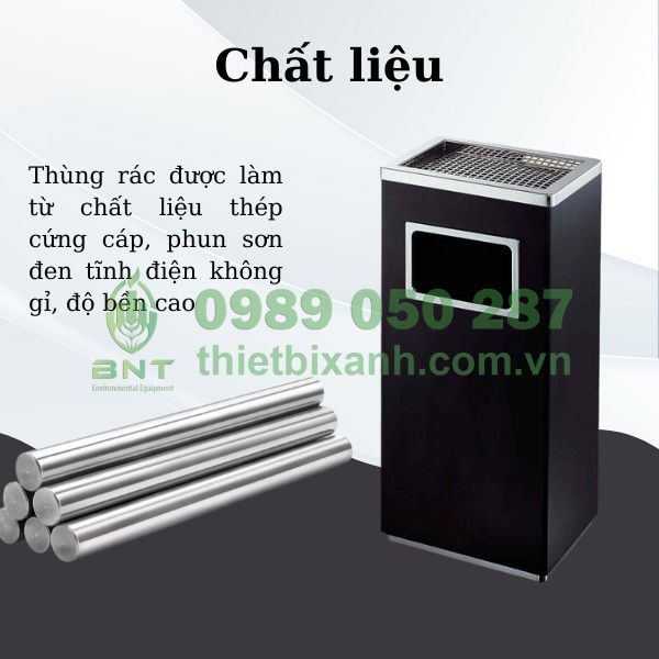 Thùng rác hình chữ nhật được làm bằng thép sơn tĩnh điện bền bỉ, chống gỉ sét tốt