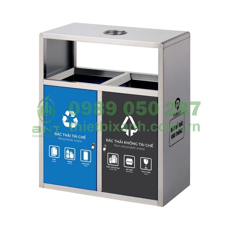 thùng rác inox 2 ngăn có gạt tàn