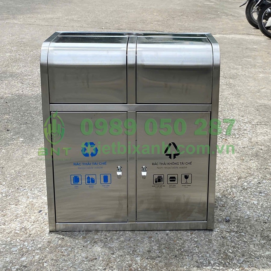 Thùng rác inox 2 ngăn cửa đẩy có chất liệu inox cao cấp bền bỉ chống gỉ sét, hiệu quả khi sử dụng ngoài trời