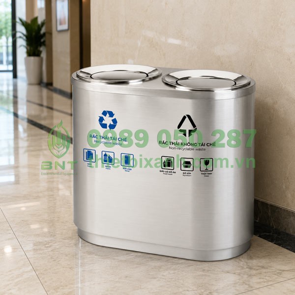 Thùng rác inox 2 ngăn nắp lật Paloca