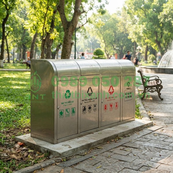 Thùng rác inox 4 ngăn cửa đẩy