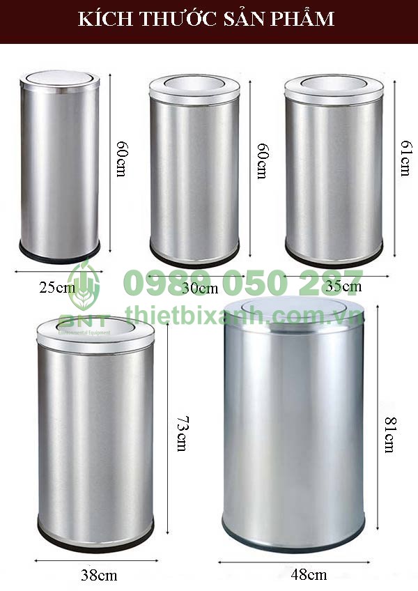 Kích thước thùng rác inox nắp lật tròn nhiều dung tích