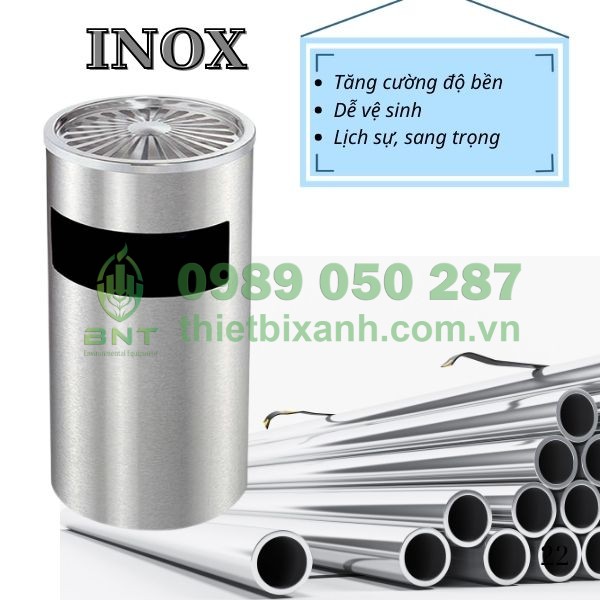 Thùng rác inox tròn có gạt tàn có độ bền cao, chống gỉ sét tốt