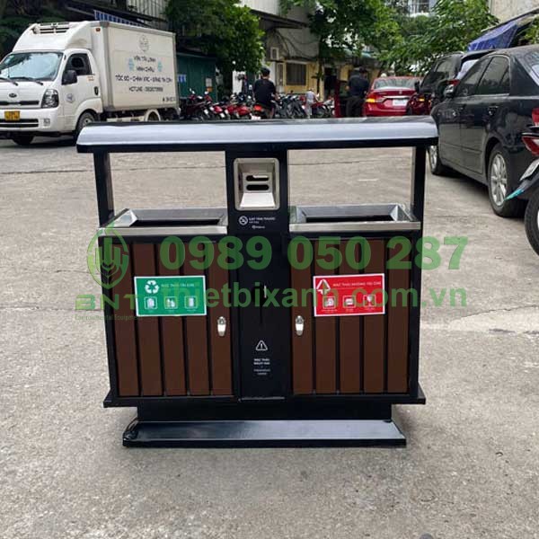 Thùng rác ngoài trời thép sơn giả gỗ 2 ngăn