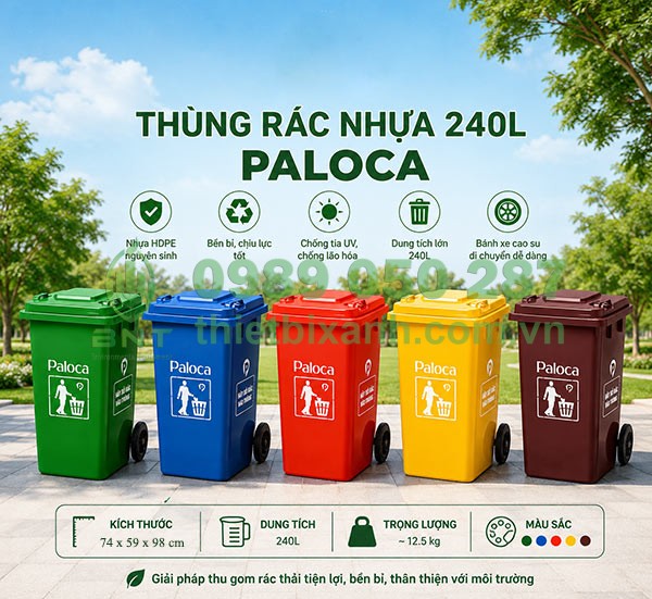 Thùng rác nhựa HDPE 240L Paloca - Giải pháp thu gom rác thải tiện lợi, bền bỉ