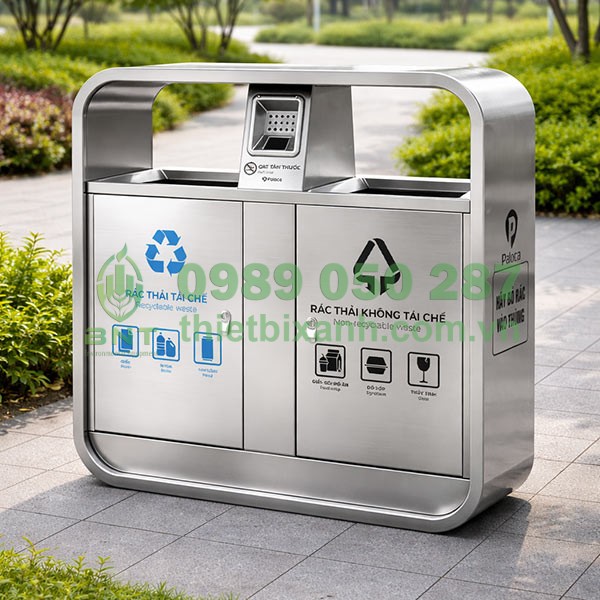 Thùng rác phân loại 2 ngăn có gạt tàn Paloca được làm bằng inox cao cấp, chống gỉ sét tốt