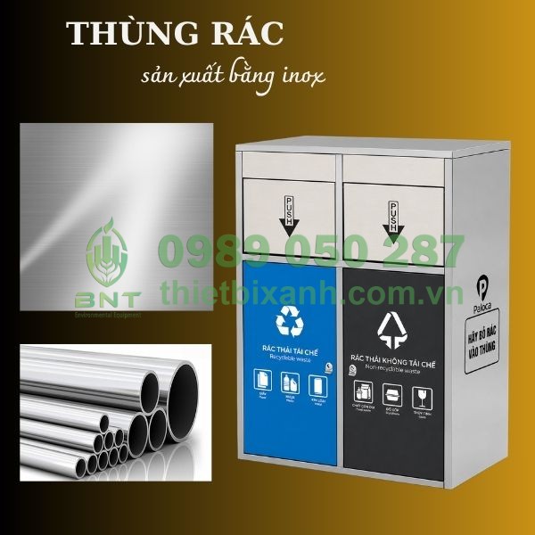Thùng rác phân loại 2 ngăn inox cao cấp, chống gỉ sét hiệu quả