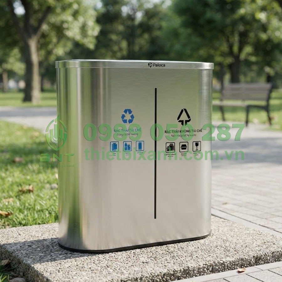 Thùng phân loại rác inox 2 ngăn nắp lật