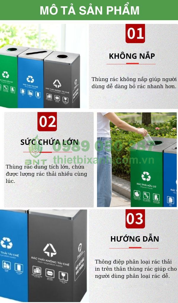 Hình ảnh mô tả đặc điểm thùng phân loại rác 3 ngăn inox