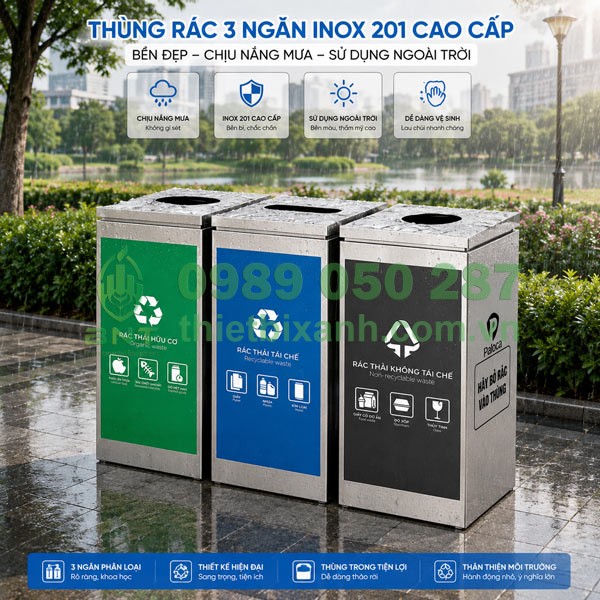 Thùng rác phân loại 3 ngăn inox Paloca