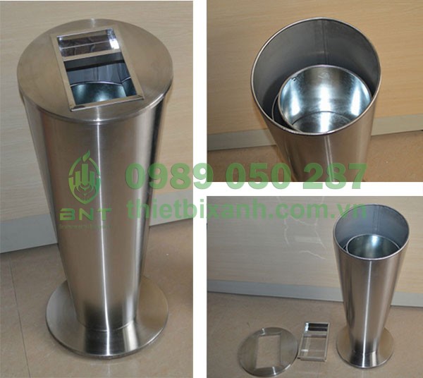 Thùng rác thân inox trắng có gạt tàn có thùng tôn hoa bên trong dễ dàng vệ sinh rác thải khi đầy
