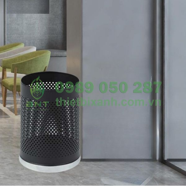 thùng rác thép sơn tĩnh điện màu đen dập lỗ đế inox