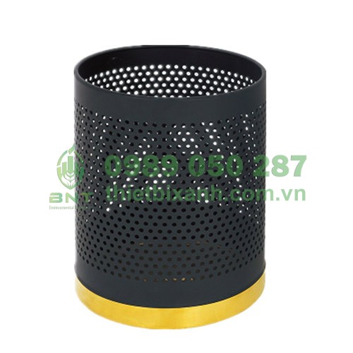 Thùng rác thép sơn tĩnh điện màu đen dập lỗ đế inox màu vàng