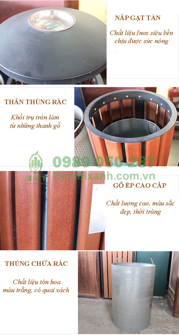 Hình ảnh mô tả chi tiết thùng rác gỗ treo đơn ngoài trời có gạt tàn