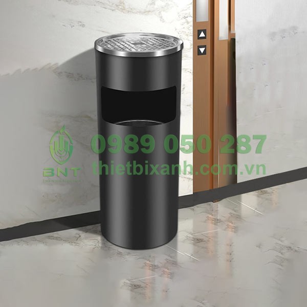 Thùng rác tròn sơn tĩnh điện đen có gạt tàn Paloca